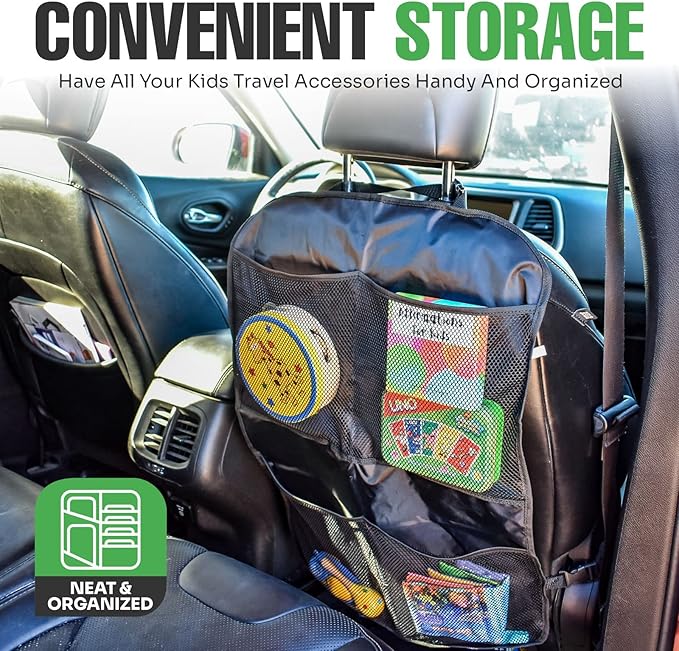 lebogner Back Seat Cover for Kids + 4 Pocket Storage Organizer, 2 Pack X-Large Waterproof Kick Mats Backseat Protector, Car Seat Back Protectors for Vehicles to Protect from Dirt, Mud & Scratches