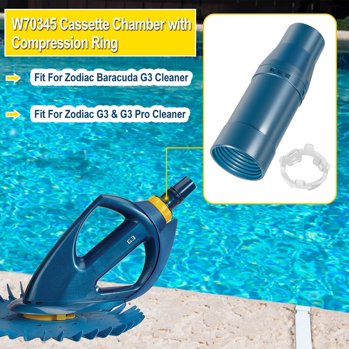 W70345 Cassette Chamber with Compression Ring Assembly Replacement Parts Kit Fit For Zodiac Baracuda G3 & G3 Pro Automatic Suction Side Pool Cleaner Vacuum, Replace W69559, W69563, W70334