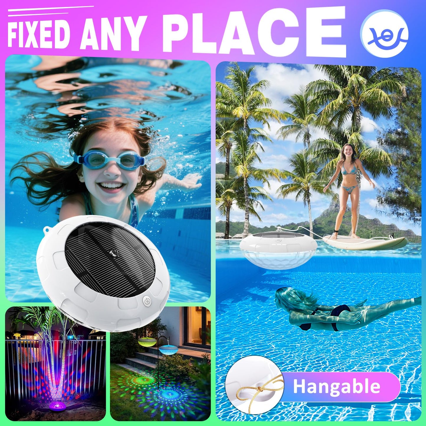 Cootway Floating Pool Lights w/Remote, 6.5 Inch RGB Solar Pool Lights that Float with 9 Dynamic Lighting, IP68 Waterproof Pool Floating Light, Hangable Solar Floating Light for Pools Party Garden(2)