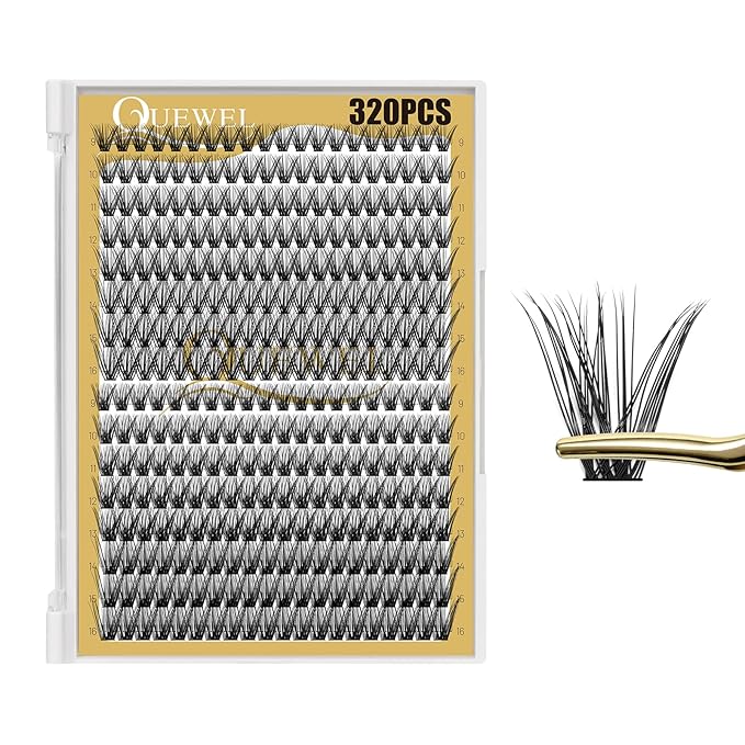 QUEWEL Lash Clusters 320Pcs Cluster Lashes 40D+50D C Curl Lash Cluster Eyelash Extensions Mix9-16mm Individual Eyelashes Clusters Wispy Lash Clusters Thin Band Soft to Use at Home(40D+50D C Mix9-16)