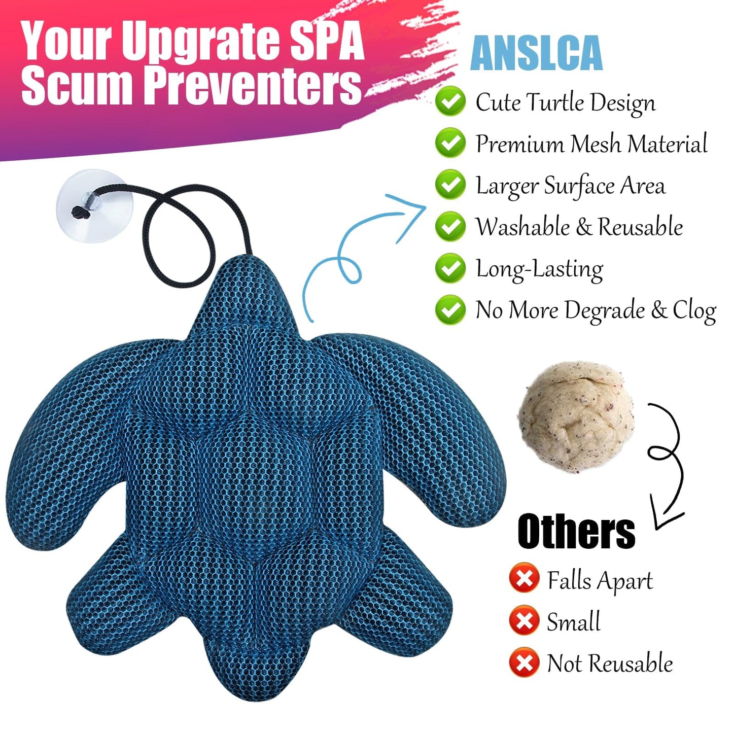 ANSLCA 2 Pack Hot Tub Scum Absorber for Spa Hot Tub Cleaner, Oversized 3XL-Scum Turtle Hot Tub Cleaner Hot Tub Sponges - Must Have Hot Tub Accessories - Keeps Your Spa Hot Tub Water Clean and Clear