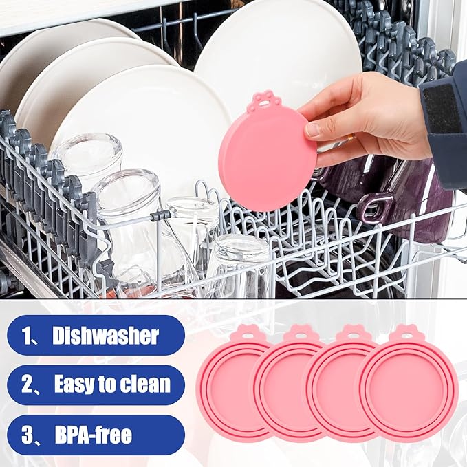 PINE & LINEN 4 Pcs Durable Pet Can Lids,One fit 3 Standard Size Silicone Waterproof Cat Food Cans Lids for 3oz/5.5oz/12.5oz/13.2oz Cat Food Cans（ Pink）