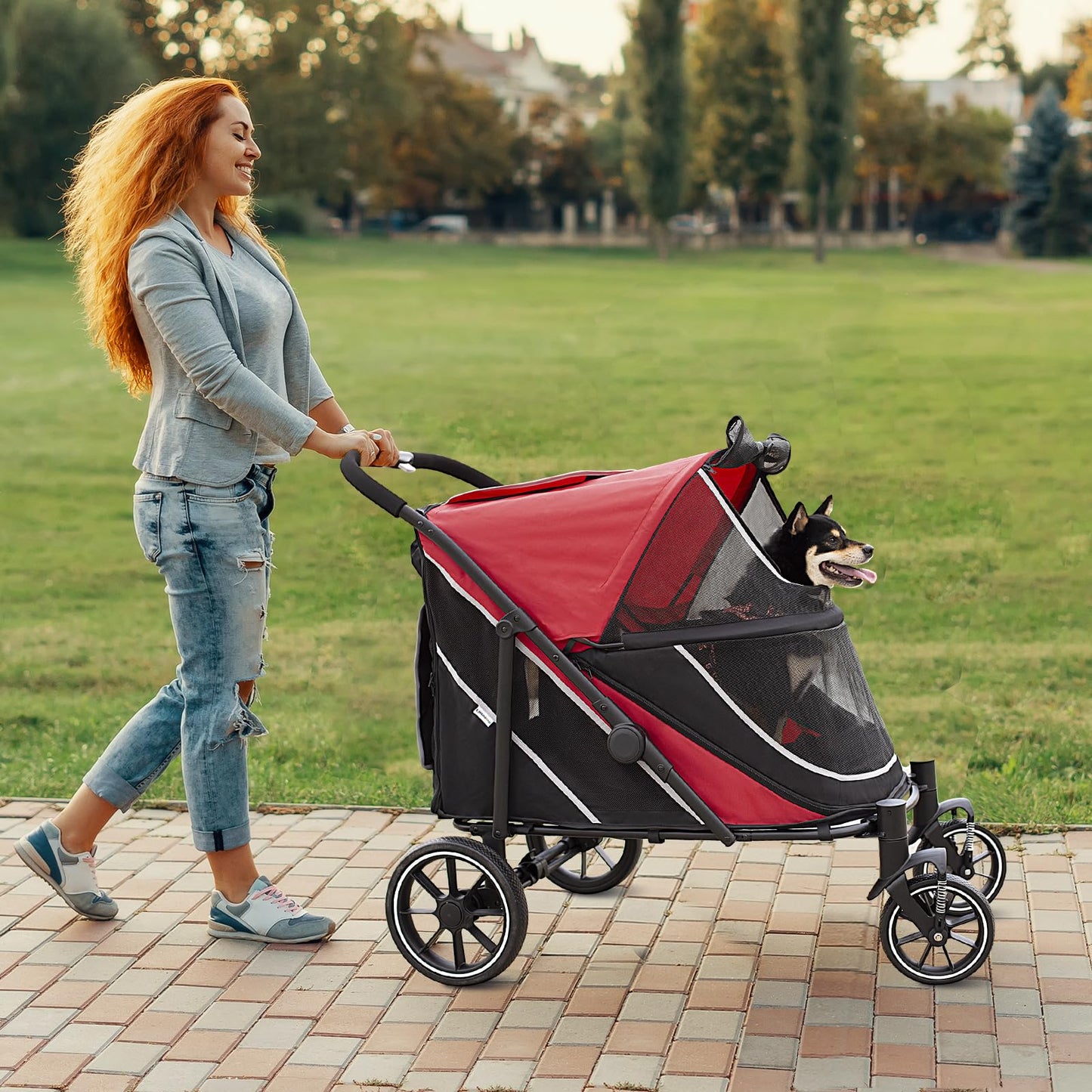 Dog Stroller for Medium/Large Dogs One-Click Folding, Extra Large Pet Stroller for 2 Dogs with Storage Pocket & Shock Absorption, Up to 130 lbs, Red