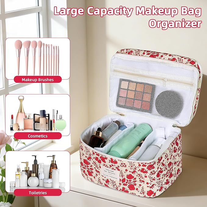 Makeup Bag, Portable Travel Make up Bag, Large Capacity Quilted Cosmetic Organizer Bag, Cute Floral Toiletry Bag for Women Girls (Bright Pink Rose)