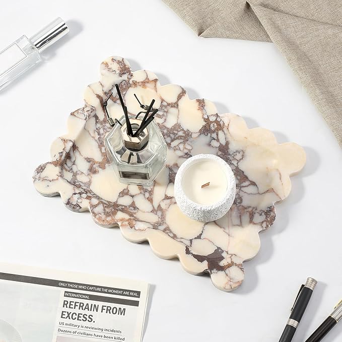 Koville Luxury Calacatta Viola Marble Tray, 11"x8" Scalloped Marble Vanity Tray for Countertop Bathroom Kitchen Dresser, Natural Stone Tray for Jewelry Perfume Home Decor, Decorative Catchall Tray