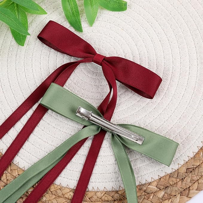 Hair Bows Clips Coquette Ribbon Bowknot with Long Tail Princess Hair Bows French Barrettes Hair Accessories for Women Girls 16PCS (Wine Red, Beige, Green, Purple)