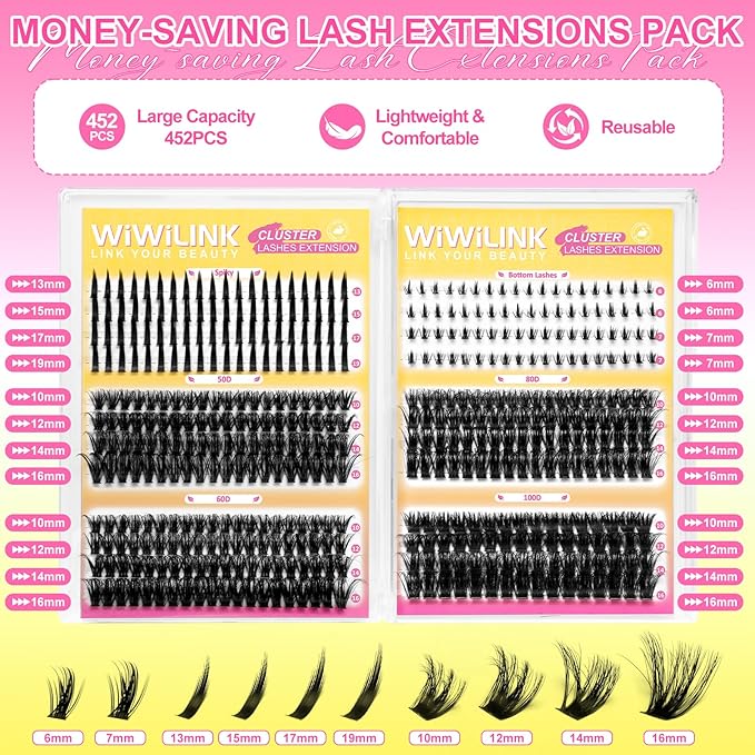 Fluffy Lash Clusters Kit Wispy 452Pcs Eyelash Clusters with Spikes 50D 60D 80D 100D Manga Cluster Eyelash Extensions Kit Volume Lash Extension 10-16mm False Eyelashes Kit