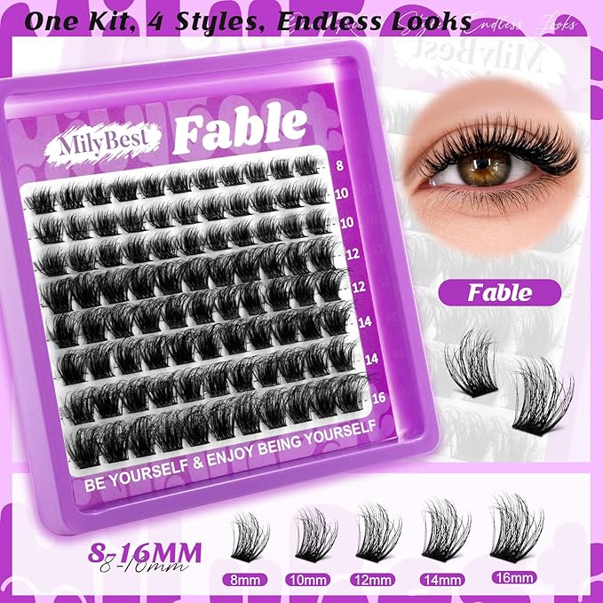 MilyBest 4 Styles Lash Clusters Kit, Silk/Rozen/Fable/Mist Bottom Eyelash Clusters Extensions Mini Boxes with Lash Bond & Seal, Remover and Lash Tweezer Spiky DIY Individual Lashes Extension Kit