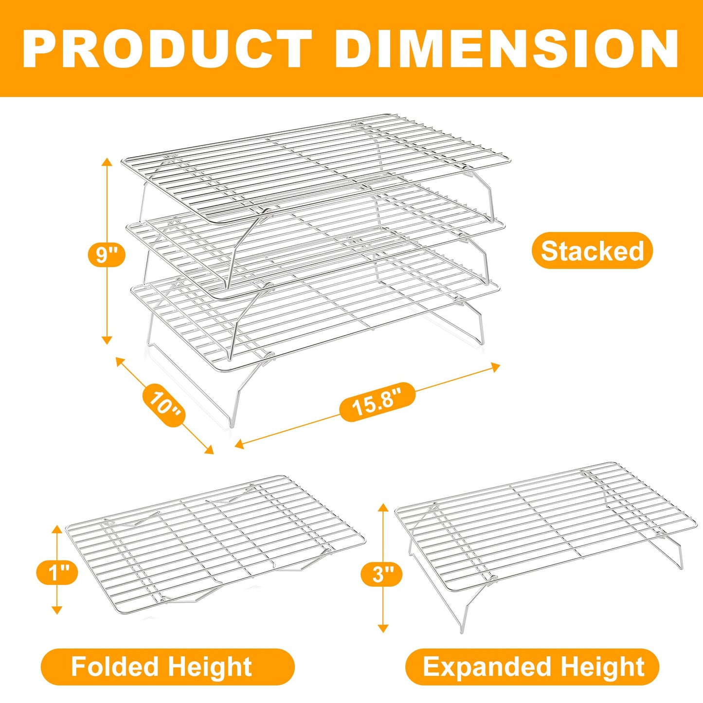 3 Tier Stackable Cooling Rack for Batch Cooling Cookie, Pizza, Cake-15.8”x 10”- Heavy Duty Cooling Racks for Cooking and Baking, Oven and Dishwasher Safe Baking Supplies-Silver