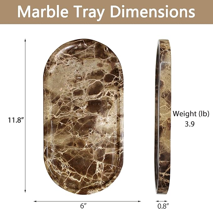 YMXYJM Genuine Real Natural Marble Tray for Bathroom, Luxury Dark Brown Stone Vanity Tray, Decorative Oval Trays for Countertop Storage, Vanity, Dresser, Kitchen, Home Decor, 11.8" x 6", Brown