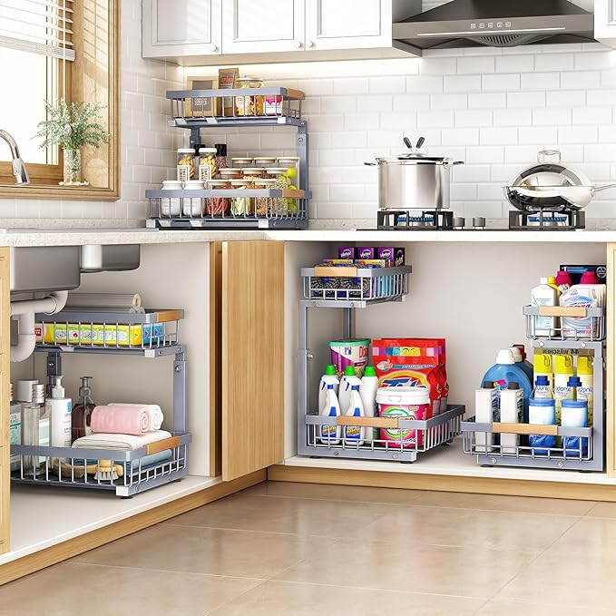 PXRACK Under Sink Organizer, Adjustable Height, 2 Tier Pull Out Under Cabinet Organizer, Slide Out Thickened Metal Under Sink Storage for Kitchen Bathroom Laundry Pantry Cabinet, Grey, Large-1-Pack