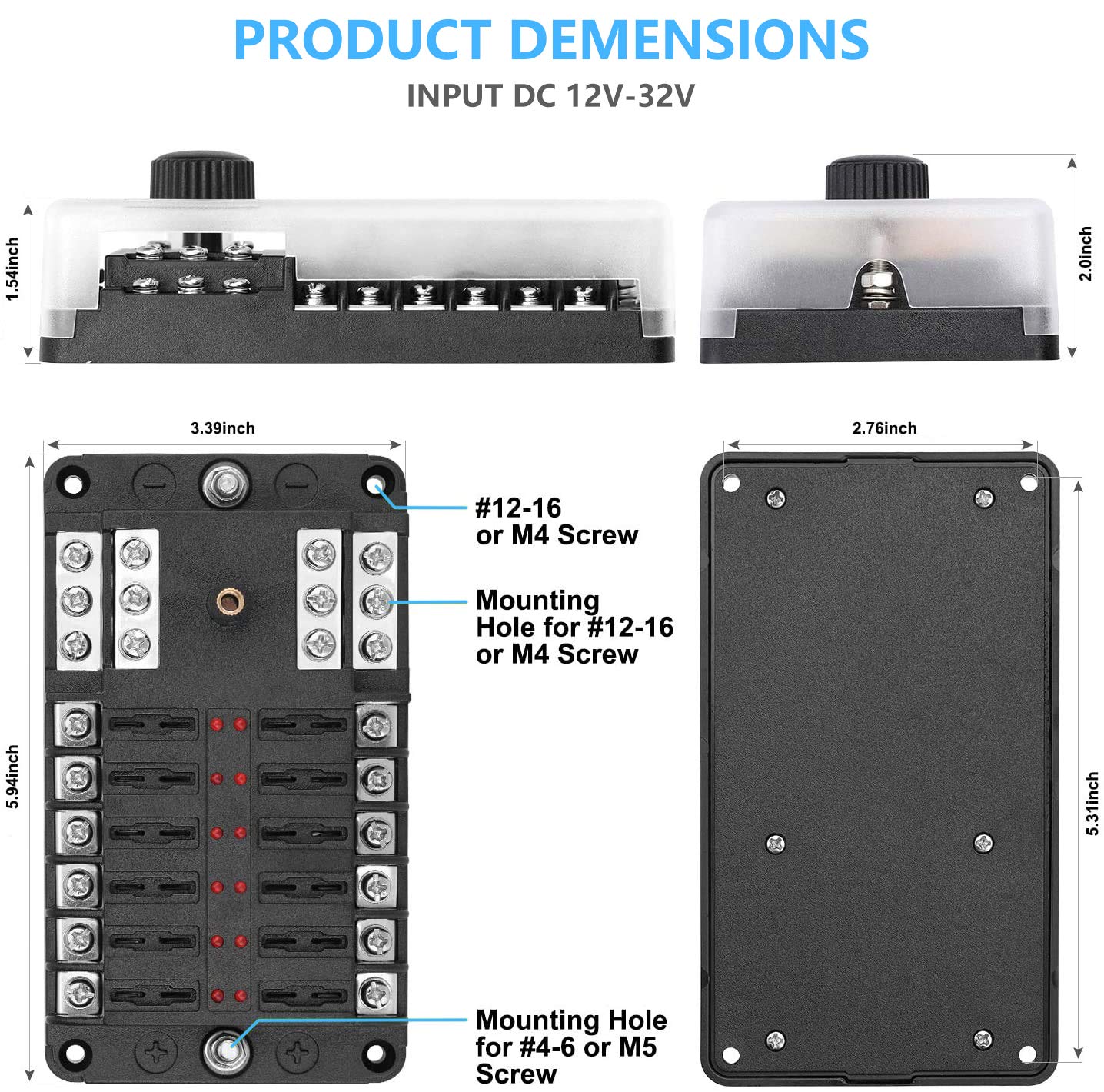 12 Way 12V Fuse Box 12Volt Blade Fuse Block Holder, 12 Circuit W/Negative Bus Waterproof Fuse Box with LED Indicator for 12V/24V Automotive Golf Cart Truck Car Boat Marine RV Van Vehicle
