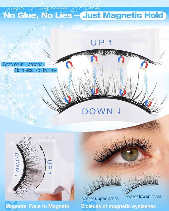 Lanflower Magnetic Eyelashes with Applicator Natural Look Magnetic Lashes with Lash Primer Wispy Magnetic Eyelashes Natural Look Reusable Cat Eye Lashes with Magnets No Need Glue