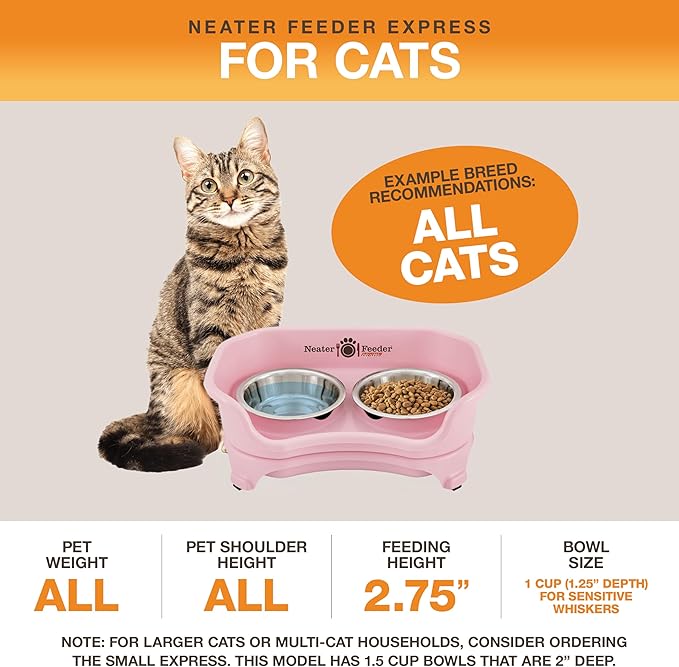 Neater Feeder Express Mess Proof Cat Bowls Elevated, No Spill Feeding Station, Stainless Steel Dishes for Food and Water, Raised Bowls for Indoor Cats, No Fatigue Whisker Friendly Dish, Pink