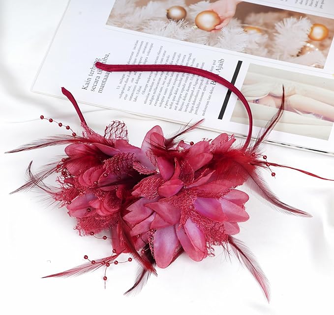 Womens Fascinators Hats Tea Party Hats for Women, Feather Pearl Veil Headband for Wedding Cocktail Dresses Accessories