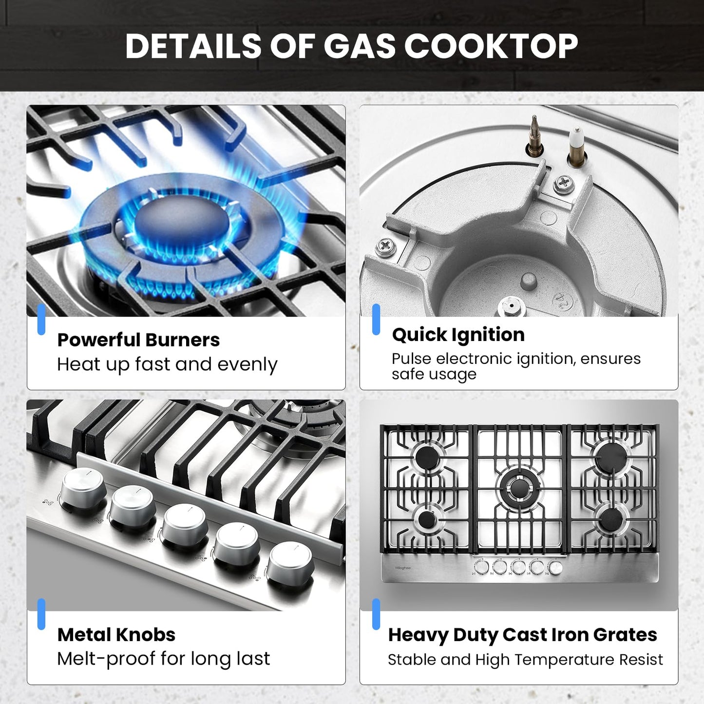 Hibghse 36 Inch Gas Cooktop with 5 Sealed Burners, Stainless Steel Propane Stove Top, NG/LPG Convertible, Built-in Stovetop with Thermocouple Protection for Rvs Kitchen Outdoor