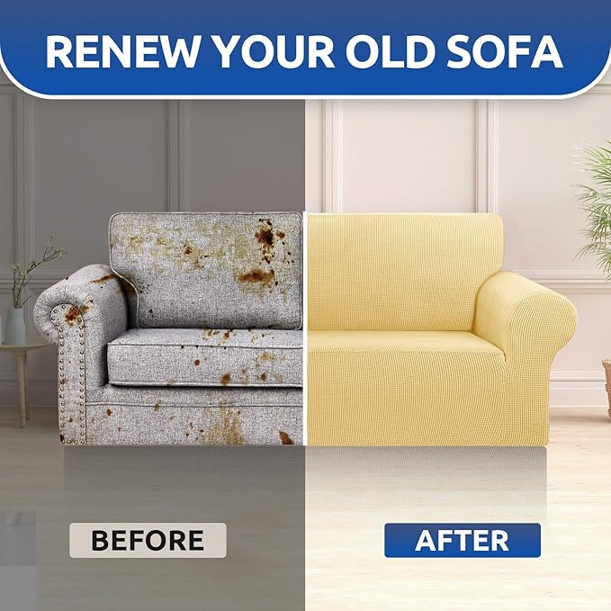 KEKUOU Stretch Loveseat Sofa Cover Slipcover,Couch Covers for 2 Cushion Couch Sofa (55"-78") Furniture Protector Sofa with Elastic Bottom for Kids,Dog. Jacquard Small Checked(Medium,Champagne)