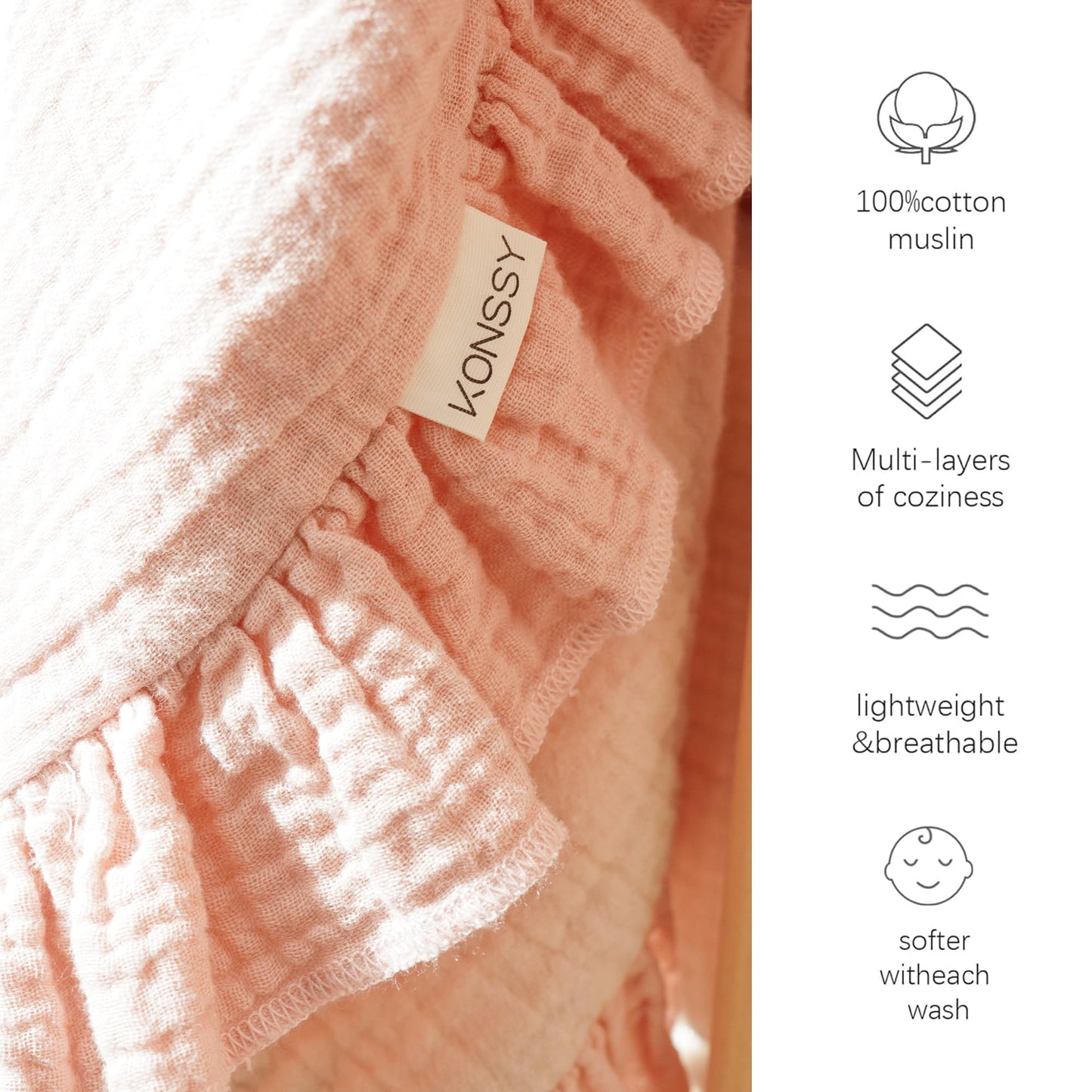 Konssy Flounce Muslin Baby Blanket for Girls Boys, 100% Cotton Soft Crib Swaddle Blankets, Reversible & Breathable Nursery Bedding for Newborns Toddlers, 40 x 36 Inches (Pink)