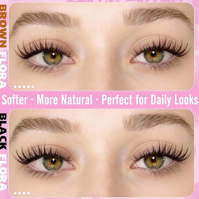 Geeneiya BROWN FLORA Lash Clusters Kit DIY Lash Extension, 8-18MM Wispy Lashes Clusters, Invisible Soft Band Eyelash Extension Kit with Waterproof Lash Bond and Seal, Lash Remover, Tweezers