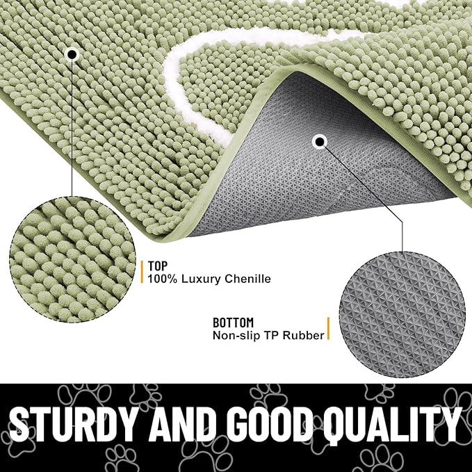 Smiry Dog Door Mat for Muddy Paws, Absorbent Dirt Trapper Non Slip Quick Dry Washable Chenille Mat for Mud Dogs, Entry Rug for Indoor and Outdoor (30x20 Inches, Sage Green and White)