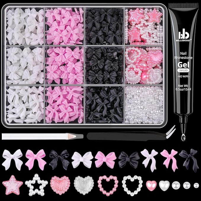 600 Pcs 3D Nail Charms and Flatback Pearls #8, 3 Colors Bow + Pink&White Star Heart Cute Charms + 2-6mm White Pearls for Nail Art Design with Nail Charm Glue(UV Needed) and Pickup Tools