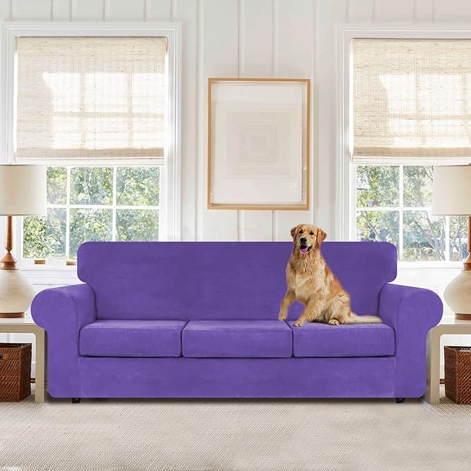 WEERRW 4 Pieces Velvet High Stretch Couch Covers for 3 Cushion Couch Sofa Slipcovers, Washable Furniture Protector with Non Slip Elastic Bottom, Feature Soft and Thick Plush Fabric, Purple, Large