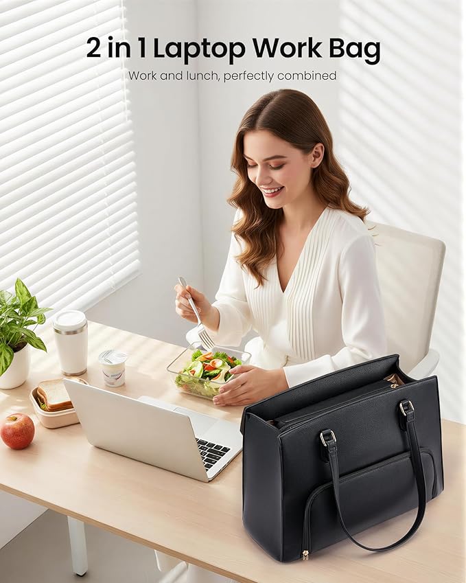 LOVEVOOK Lunch Tote Bag for Women, 15.6 Inch Laptop Work Bag with Insulated Lunch Compartment, Large Capacity Computer Handbag with Cup Holder for Business, Nurse, Teacher, Mommy