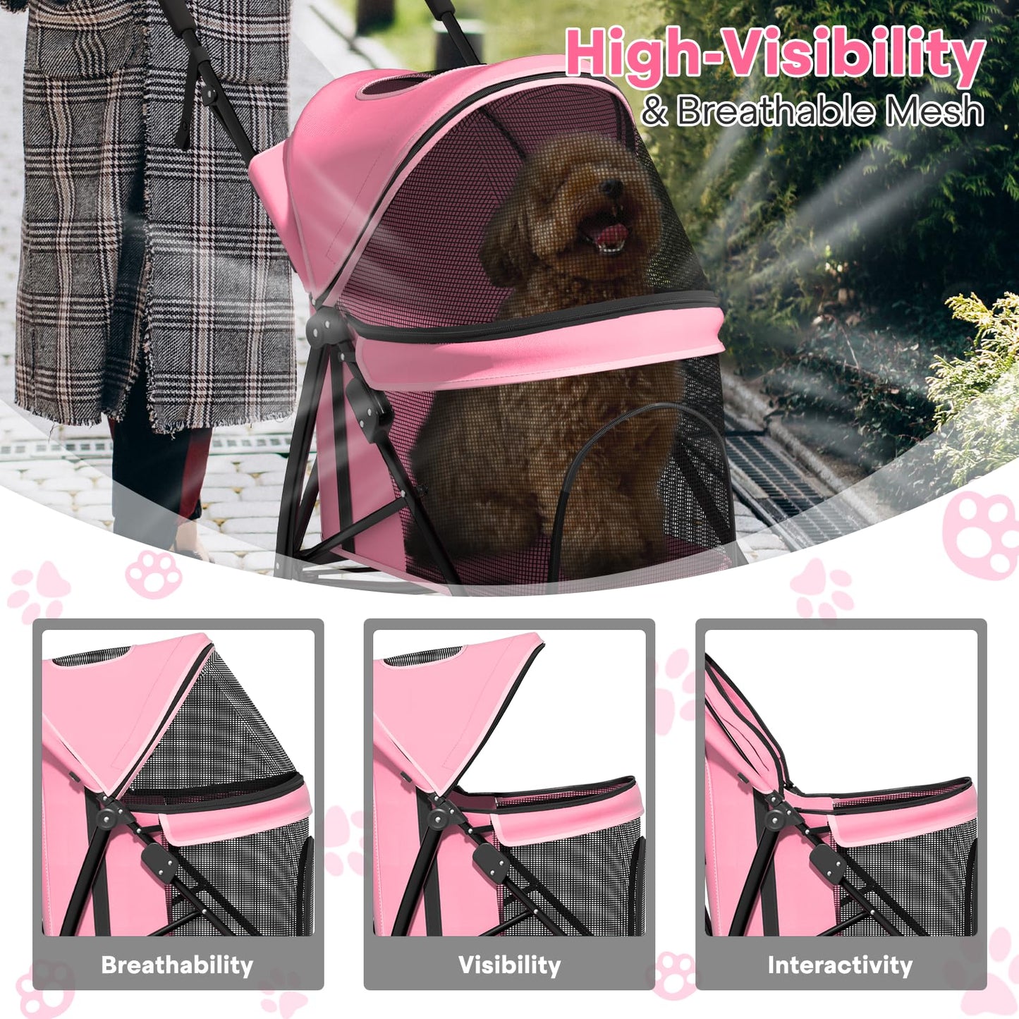 Dog Stroller for Small Dogs 10 lbs -22lbs Puppy Stroller Medium Dog Wagon Small Pet Stroller for Cats, Cat Strollers for 2 Cats, Rear Storage, Pink
