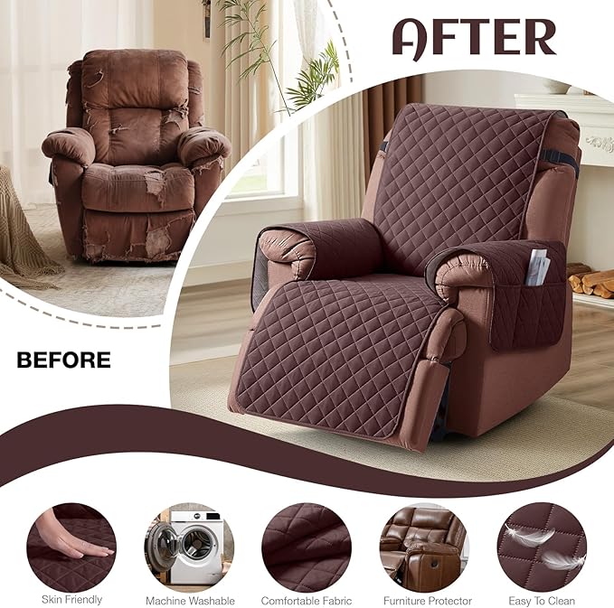 KinCam 100% Waterproof Recliner Chair Cover, Reclining Couch Covers for Pets, Dogs, Recliner Couch Slipcover Furniture Protector with Elastic Straps for Kids(30", Coffee)