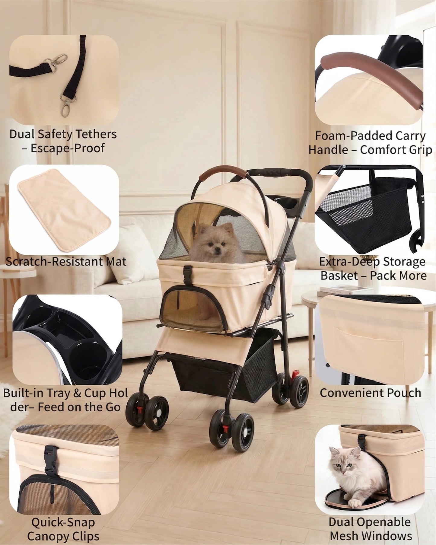Pet Stroller with Removable Carrier, 35lbs Capacity - One-Click Foldable Dog Stroller, Cat Carrier & All-Terrain Wheels, Compact Travel Pet Stroller for Small to Medium Pets-Khaki