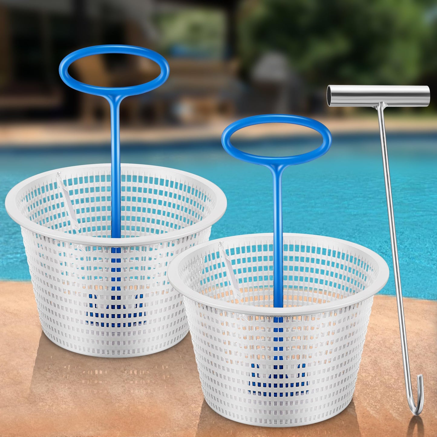 2 Set 8" Pool Skimmer Basket for Inground Pool with 2 Skimmer Baskets Handle and 1 Stainless Steel Hook, White Universal Pools Filter Basket Skimmers for Debris Removal, Keep Hands Clean
