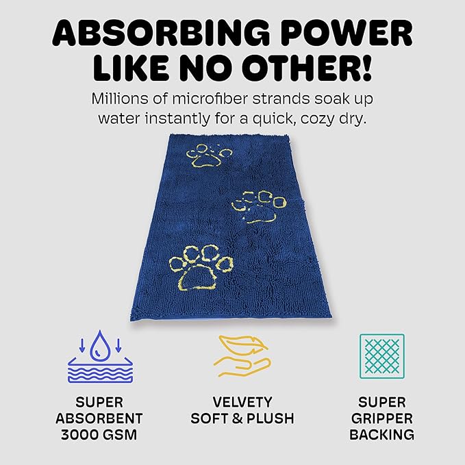 Dog Gone Smart Dirty Dog Doormat - Fast Drying Rug with Super Gripper Backing for Clean Floors - Super Absorbent and Machine Washable Mat for Muddy Paws - Marine
