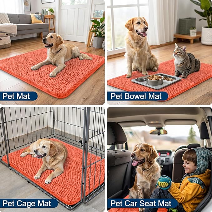 Smiry Dog Door Mat for Muddy Paws 48x30, Absorbs Moisture and Dirt Doormat, Non-Slip Washable Quick Dry Chenille Front Door Mat Indoor Entrance, Entryway Carpet for Inside Floor, Coral