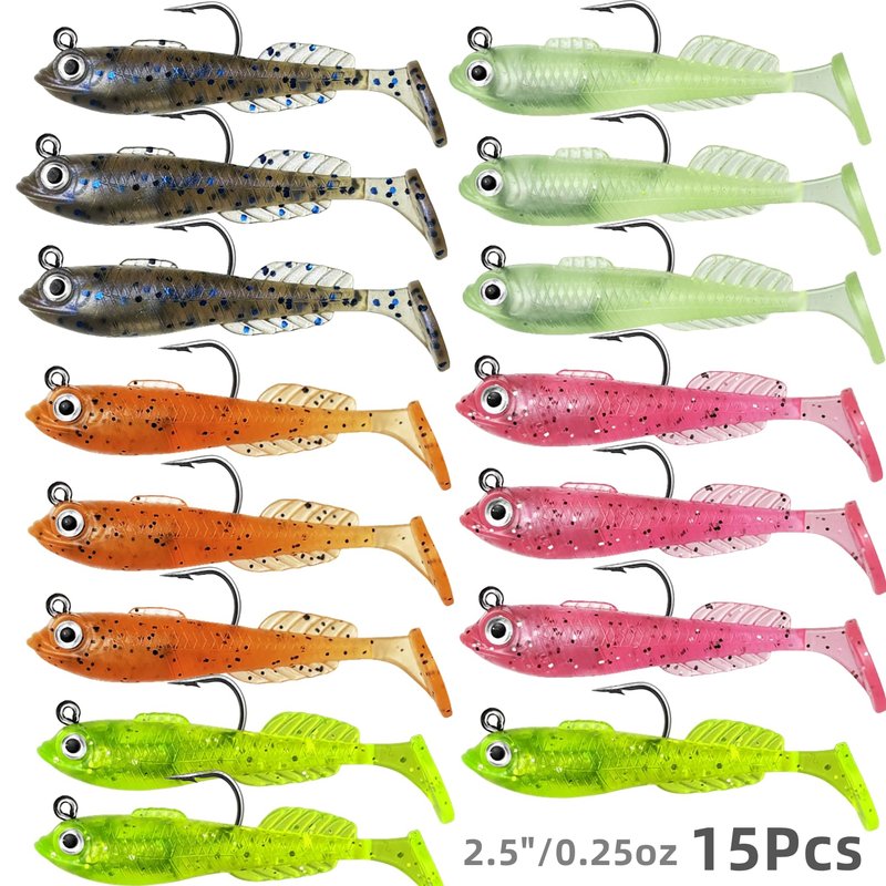 DAMIDEL 15Pcs Pre-Rigged Jig Head Soft Mini Fishing Lures，2.5"/0.25oz Paddle Tail Swimbaits/3D Eyes,Ice Fishing Jigs Lures Kit,Fishing Bait for Bass,Pike, Bluegill and Sunfish Freshwater Saltwater