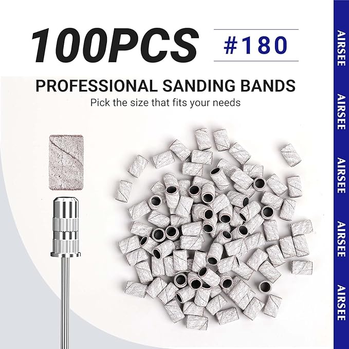 AIRSEE Sanding Bands for Electric Nail Drill 100 Piece Set 180 Grit Medium Acrylic File Attachments Professional 1 Sander Mandrel Bit Beauty Salon Accessories Manicure and Pedicure Finger Callus Zebra