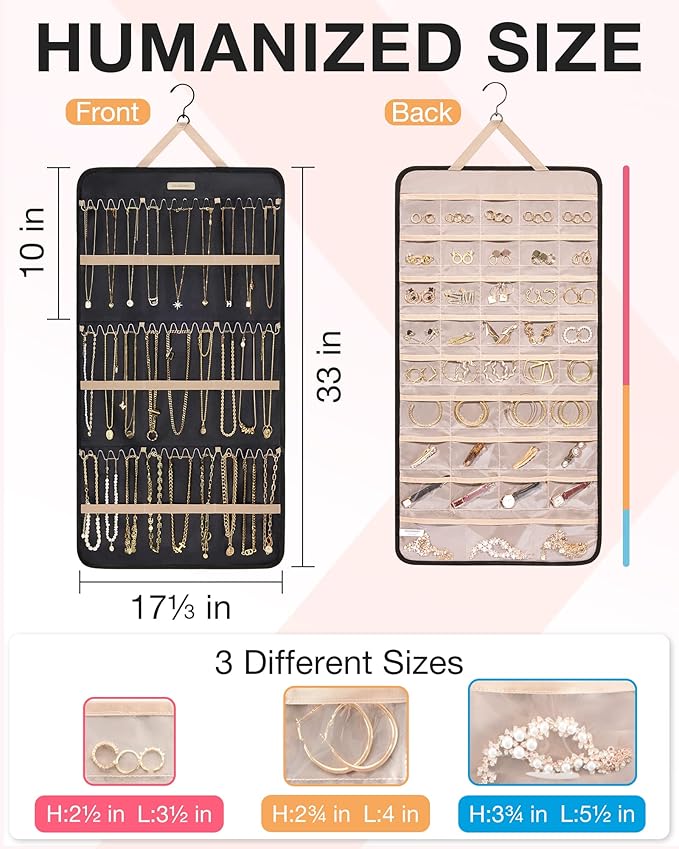 BAGSMART Hanging Jewelry Organizer Storage Roll with Hanger Metal Hooks Double-Sided Jewelry Holder for Earrings, Necklaces, Rings on Closet, Wall, Door, 1 piece, Extra Large, Black