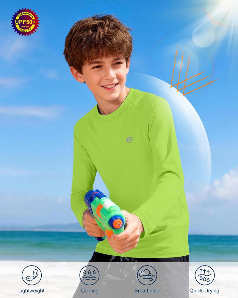 Boys UPF 50+ Swim Shirt Long Sleeve, 1 or 2 Pack UV Sun Protection Rash Guard, Youth Kids SPF Water Shirts for Beach Surf