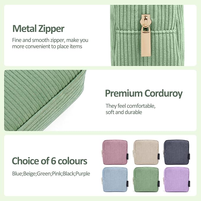 MAGEFY Small Makeup Bag for Purse Mini Cosmetics Bag Corduroy Cute Cosmetic Pouch for Women with Slip-in Pockets