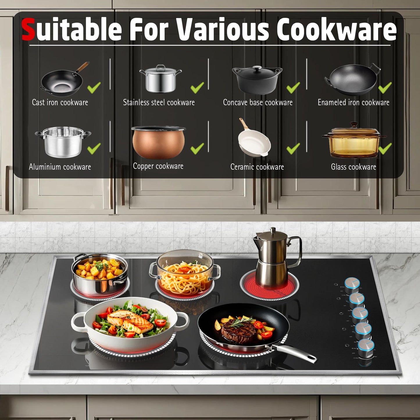 Pladeca 36 Inch Electric Cooktop, 5 Burner Electric Stove Top 8400W, 36" Ceramic Stove with Knob Control, Over-Temperature Protection, Dual Ring Zone, 220-240V Hard Wired (No Plug)