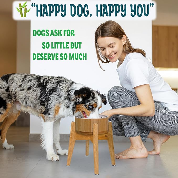 Raised Dog Bowl with Stand (12-inch) - Elevated Bamboo Food Bowl with Stainless Steel 304 Insert - Medium-to-Large Breeds Suitable