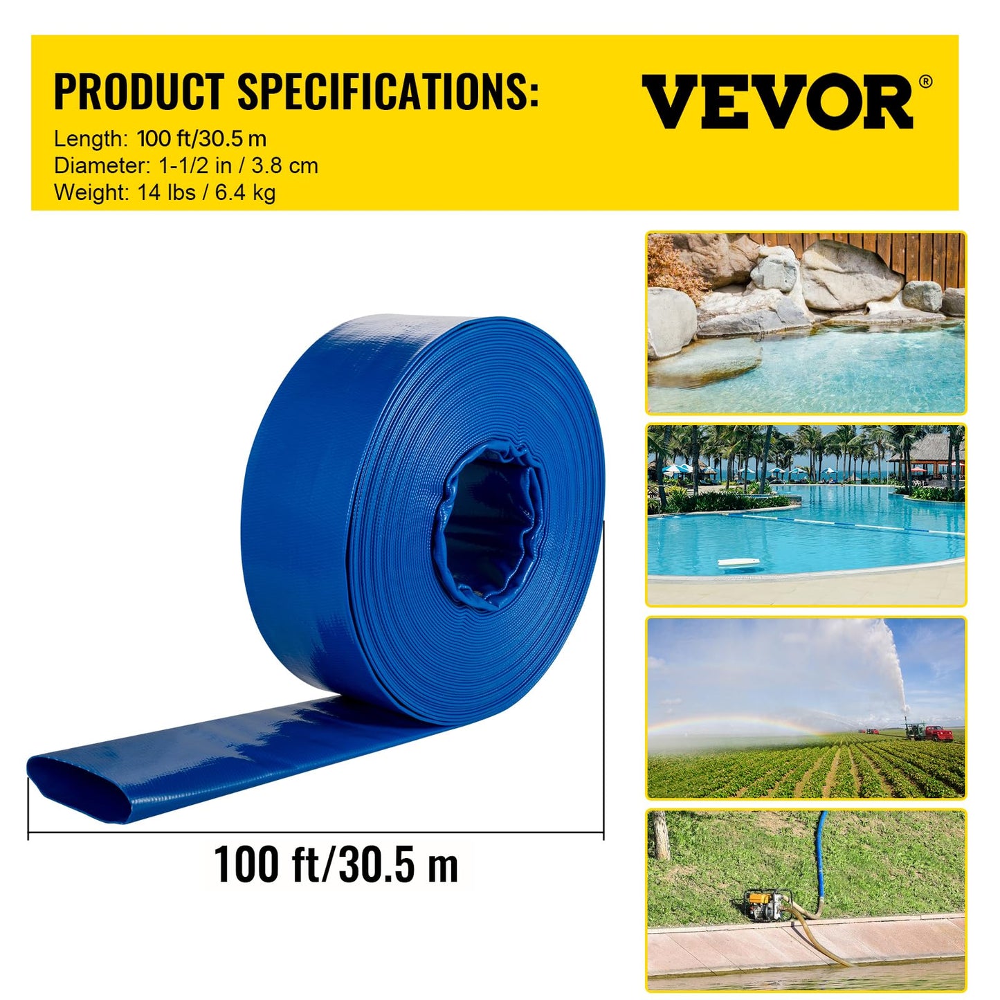 VEVOR Discharge Hose, 1-1/2" x 100', PVC Fabric Lay Flat Hose, Heavy Duty Backwash Drain Hose with Clamps, Weather-proof & Burst-proof, Ideal for Swimming Pool & Water Transfer, Blue