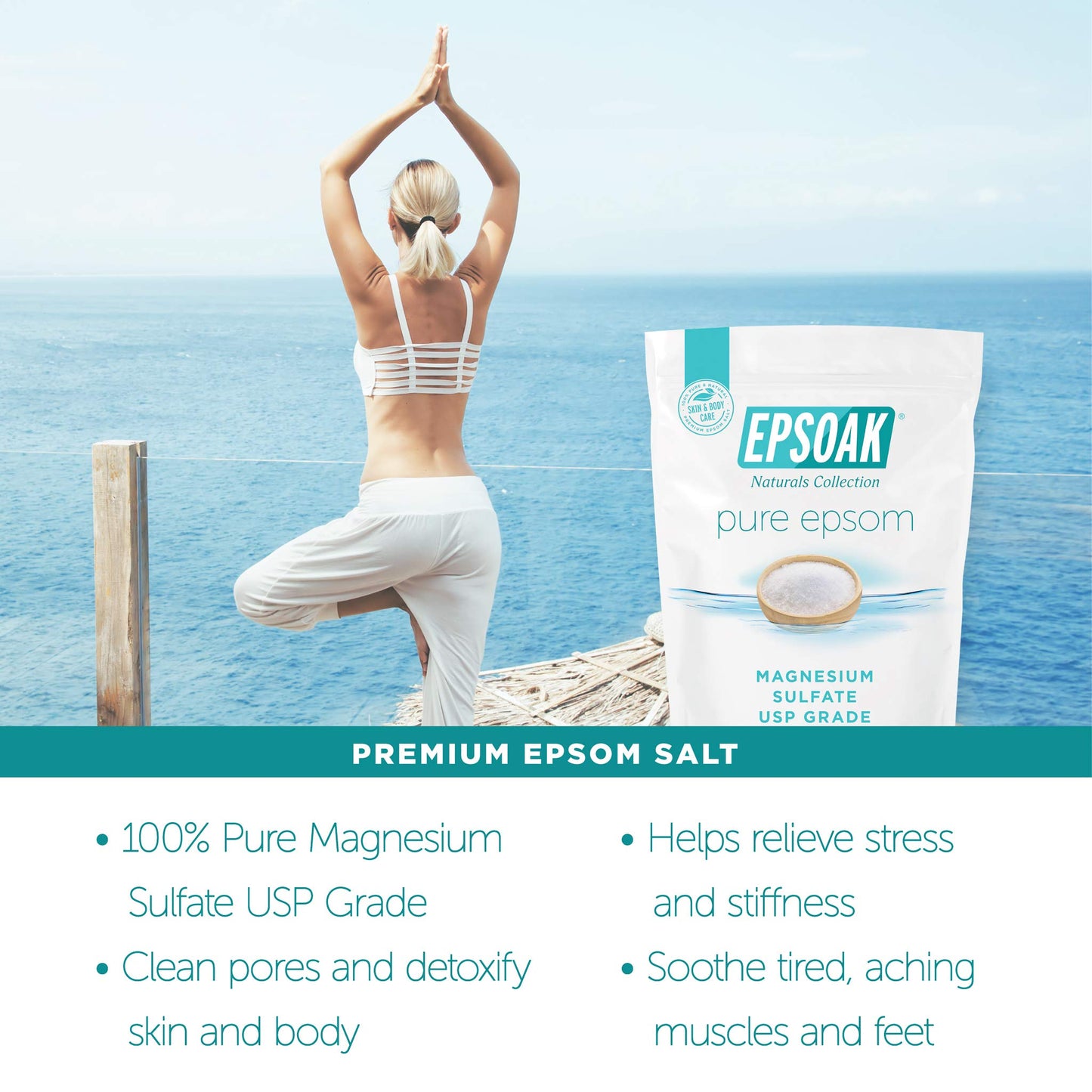 Epsoak Epsom Salt 19 lb. Magnesium Sulfate USP. Resealable Epsom Salt Bag Unscented, Made in The USA, Cruelty-Free Certified