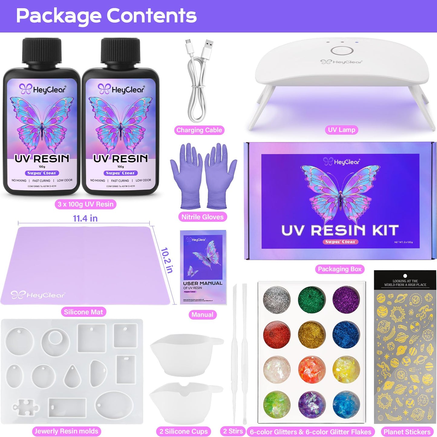 HeyClear UV Resin Kit 200g with UV Light, Molds and Casting Tools -Super Clear, Hard, Low Odor, Premixed and Fast Curing UV Glue for Coating, Jewelry Making, DIY Craft Decorations