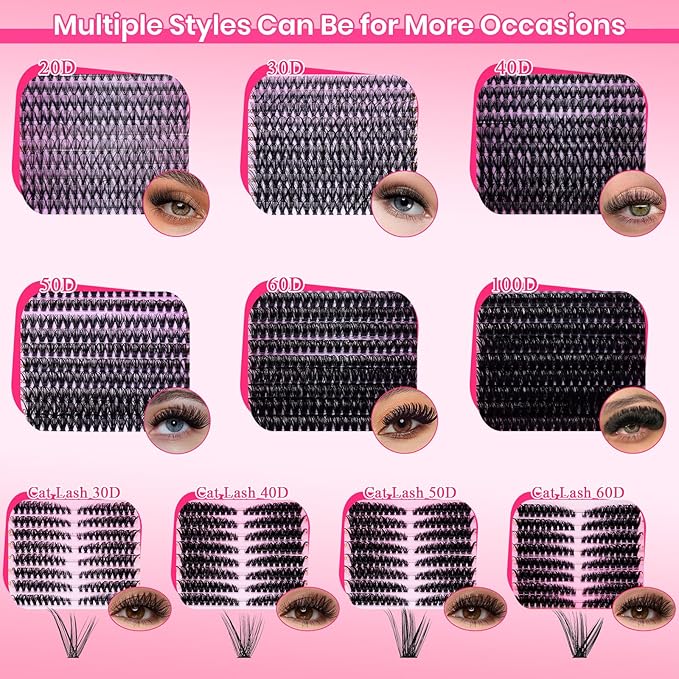 Lash Clusters Kit Eyelash Clusters Kit Cat Eye Lashes Large Pack Cluster Eyelash Extensions Lash Extension Kit PestaÃÂ±as Postizas Naturales with Lash Bond&Seal,Remover,Tweezers,Cleanser(Lash Kit-5)