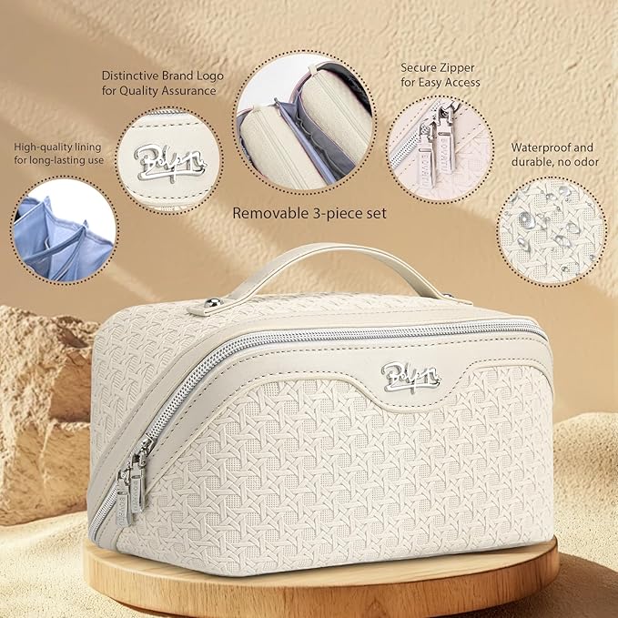 BOYATU Travel Makeup Bag Cosmetic Bags for Women: Large Capacity 3 Pcs Set Make up Bag with Compartments - Waterproof Vegan Leather Toiletry Organizer Bags with Handle (M-72Off-white)