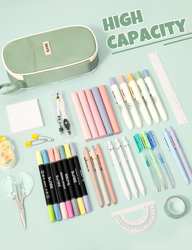 SUNEE Cute Pencil Case, Large Pencil Pouch, Aesthetic Big Pencil Bag with Zipper, Kawaii Stationery Storage and Organizer, School Supplies for Boys and Girls Teen, Heavy Duty Oxford Canvas, Sage Green