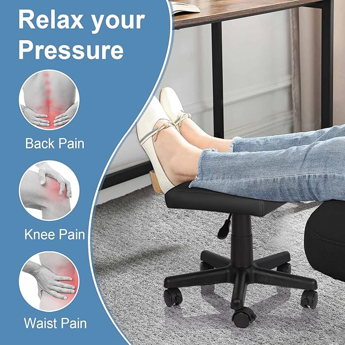 Lilithye Footrest Stool Under Desk Adjustable Height Footrest Ottoman Ergonomic Foot Stool with Wheels 360° Rolling for Home Office (Black-1)