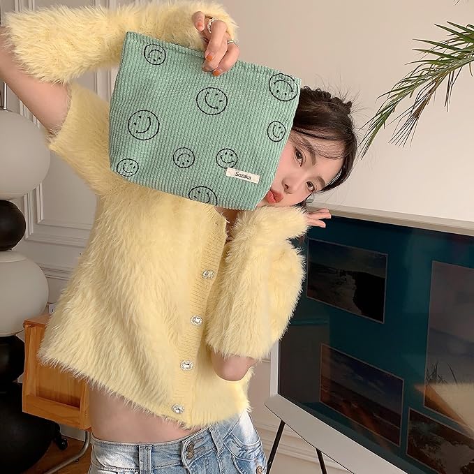 Cosmetic Bags for Women - Corduroy Cosmetic Bag Aesthetic Women Handbags Purses Smile Dots Makeup Organizer Storage Makeup Bag Girls Case Bags (A-Green)