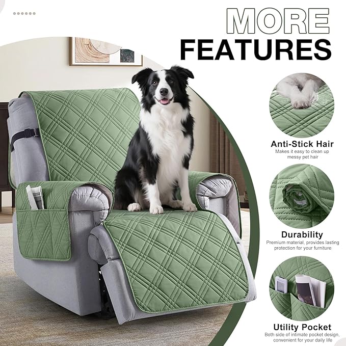 TAOCOCO 100% Waterproof Recliner Chair Covers, Non Slip Recliner Covers for Recliner Chair with Pocket, Washable Reclining Chair Cover Furniture Protector for Kids,Dogs(25'', Bean Green)