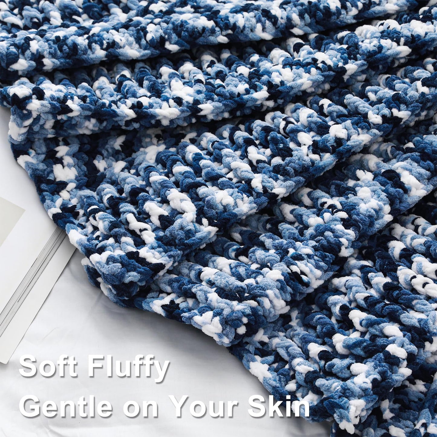 Knyteruna #6 Super Bulky Blanket Yarn for Crocheting - 4 Skeins(Each 10.5oz/300g, 220yds/201m), Chunky Chenille Thick Plush Big Soft Yarn for Crocheting Knitting Blankets, Khaki & Blue & White